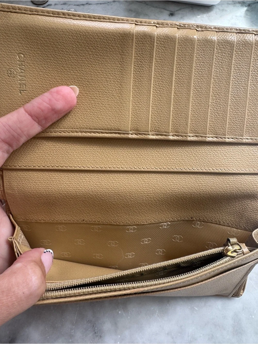 CHANEL Beige Leather Long Wallet with Gold CC Button